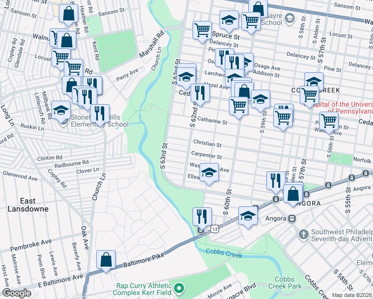 map of restaurants, bars, coffee shops, grocery stores, and more near 6201 Carpenter Street in Philadelphia