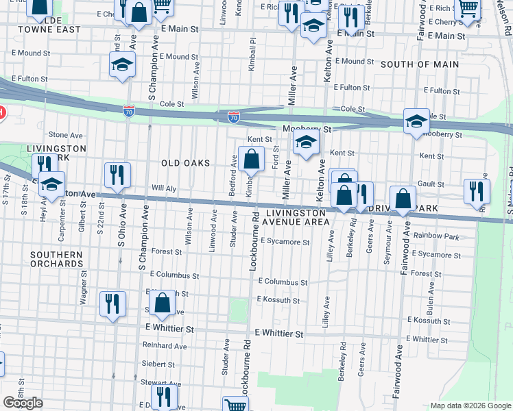 map of restaurants, bars, coffee shops, grocery stores, and more near E Livingston Ave & Lockbourne Rd in Columbus