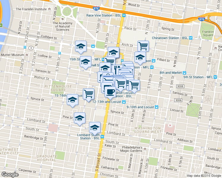 map of restaurants, bars, coffee shops, grocery stores, and more near S Broad St & Walnut St in Philadelphia