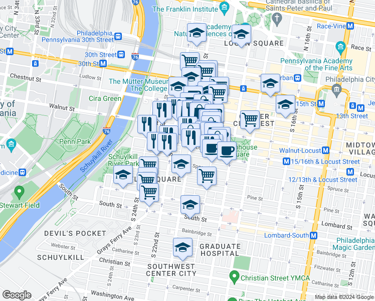 map of restaurants, bars, coffee shops, grocery stores, and more near 242 South 21st Street in Philadelphia