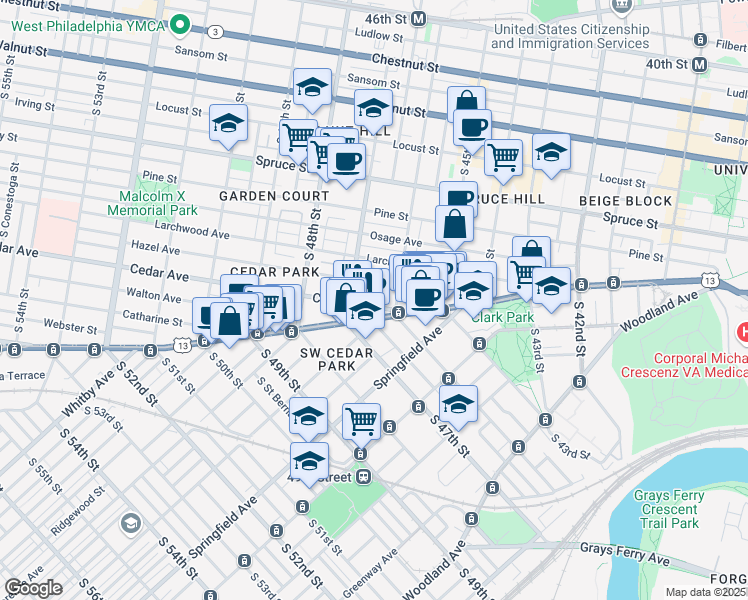 map of restaurants, bars, coffee shops, grocery stores, and more near 4617 Cedar Avenue in Philadelphia