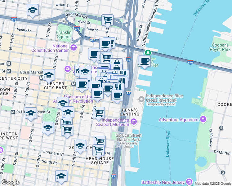 map of restaurants, bars, coffee shops, grocery stores, and more near 4 South Front Street in Philadelphia