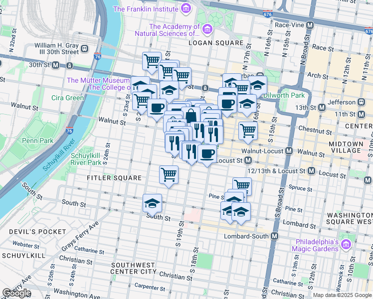 map of restaurants, bars, coffee shops, grocery stores, and more near 230 West Rittenhouse Square in Philadelphia