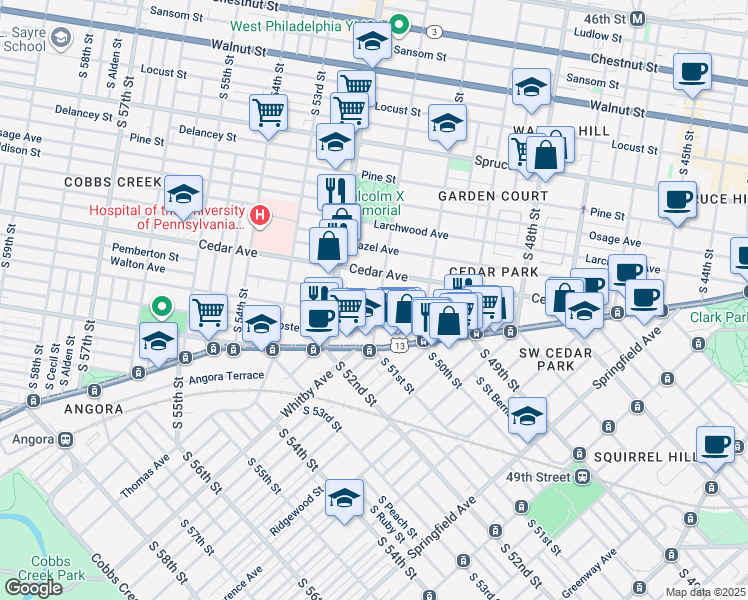 map of restaurants, bars, coffee shops, grocery stores, and more near 630 South 51st Street in Philadelphia