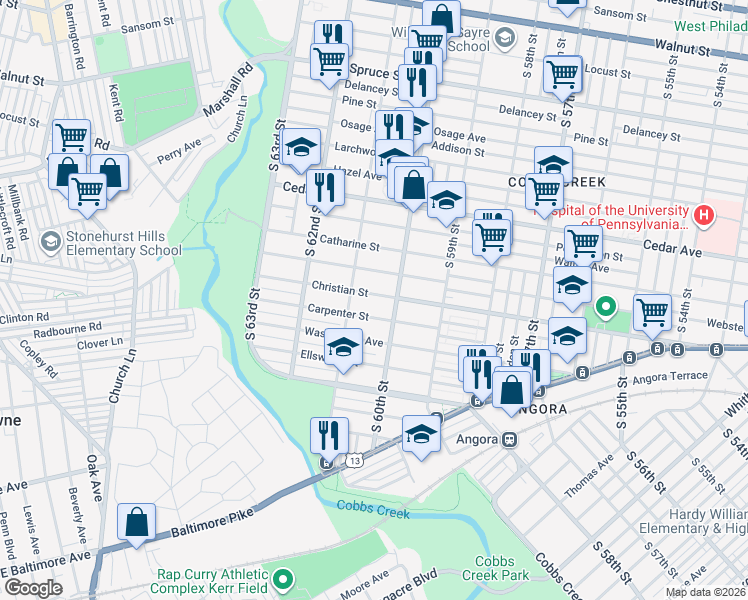 map of restaurants, bars, coffee shops, grocery stores, and more near 6028 Christian Street in Philadelphia