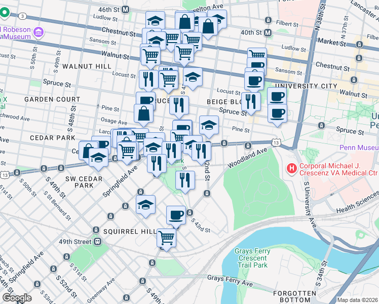map of restaurants, bars, coffee shops, grocery stores, and more near 4224 Baltimore Avenue in Philadelphia