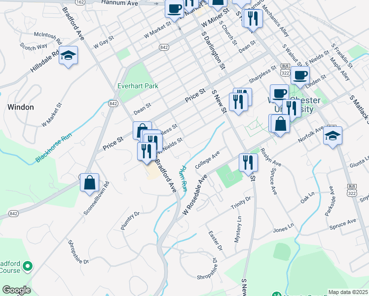 map of restaurants, bars, coffee shops, grocery stores, and more near 702 South Brandywine Street in West Chester