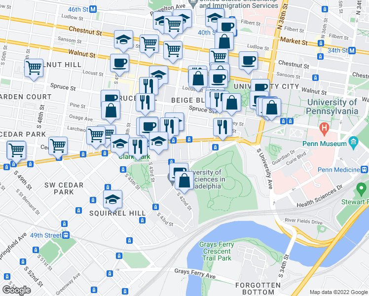 map of restaurants, bars, coffee shops, grocery stores, and more near 504 South 41st Street in Philadelphia