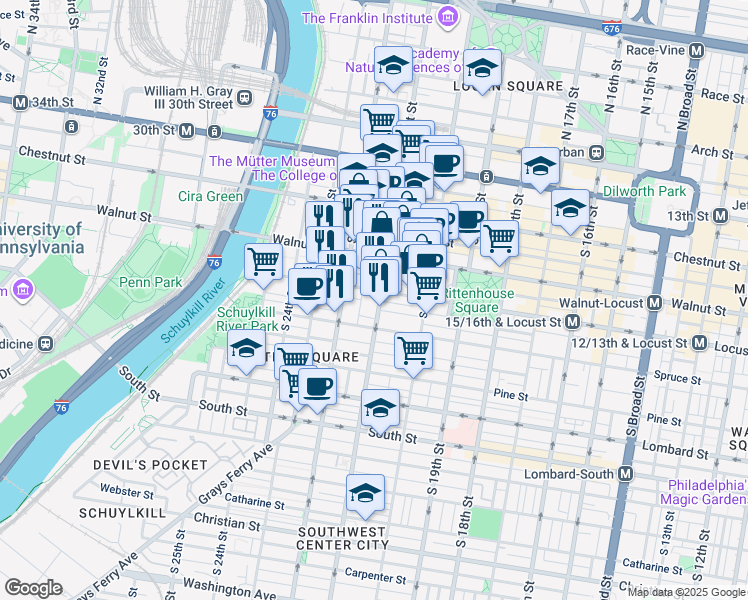 map of restaurants, bars, coffee shops, grocery stores, and more near 242 South 21st Street in Philadelphia