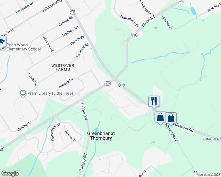 map of restaurants, bars, coffee shops, grocery stores, and more near 4 Fallbrook Lane in Glen Mills