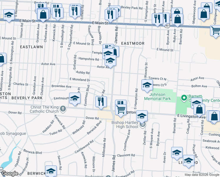 map of restaurants, bars, coffee shops, grocery stores, and more near 1053 South James Road in Columbus