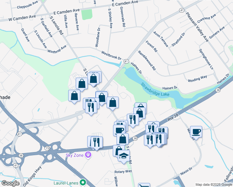 map of restaurants, bars, coffee shops, grocery stores, and more near 42 Foxwood Drive in Moorestown