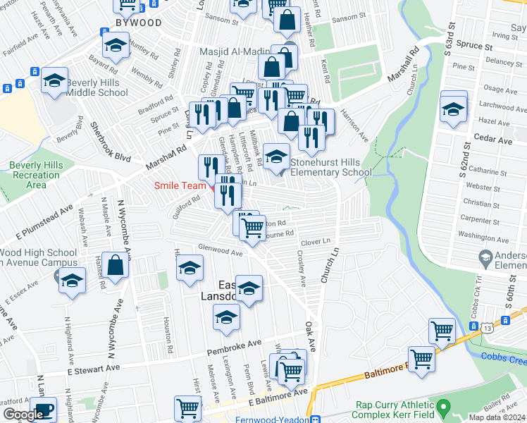 map of restaurants, bars, coffee shops, grocery stores, and more near 7035 Aberdeen Road in Upper Darby