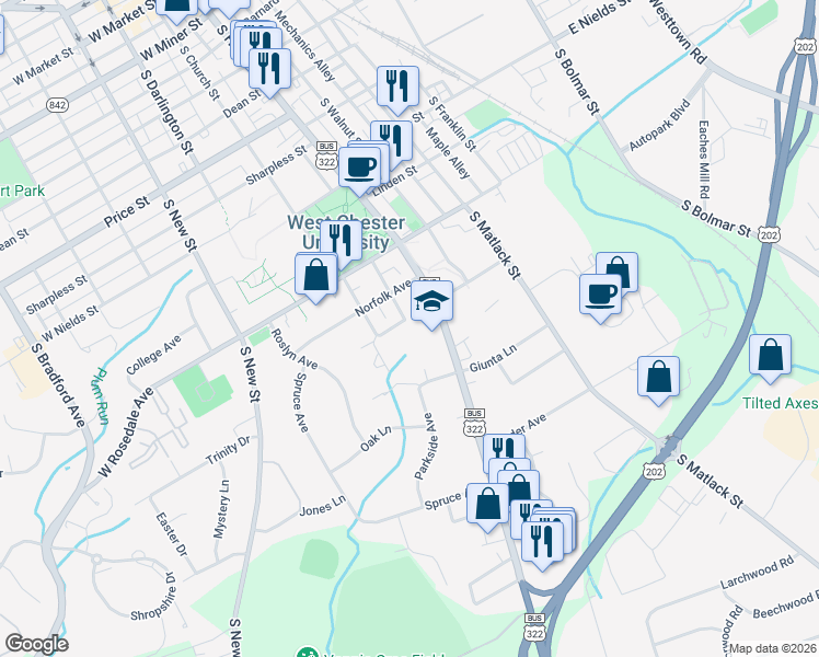 map of restaurants, bars, coffee shops, grocery stores, and more near 4 Jefferies Avenue in West Chester