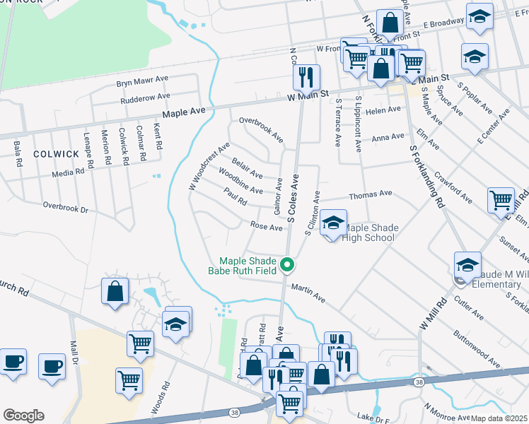map of restaurants, bars, coffee shops, grocery stores, and more near 42 Paul Road in Maple Shade