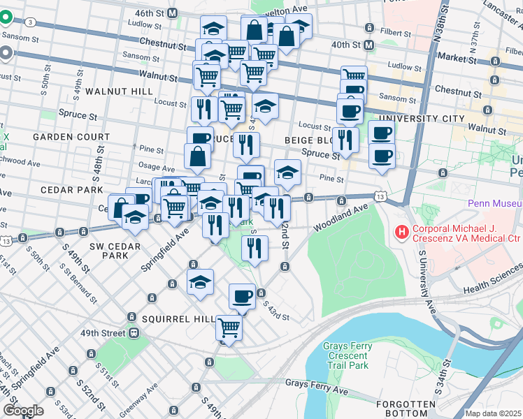 map of restaurants, bars, coffee shops, grocery stores, and more near 4224 Baltimore Avenue in Philadelphia