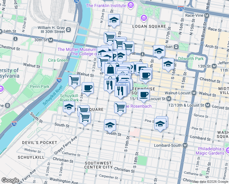 map of restaurants, bars, coffee shops, grocery stores, and more near 259 South 21st Street in Philadelphia