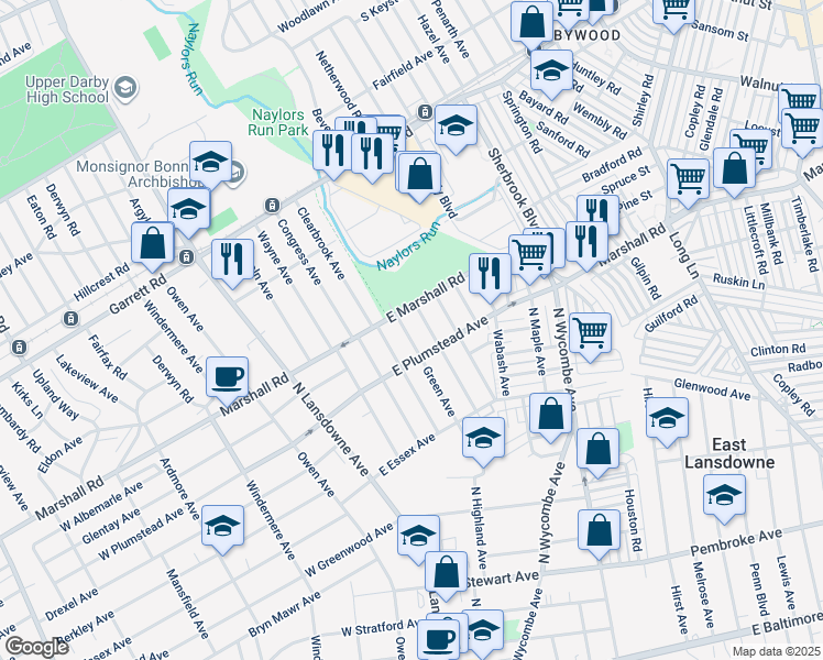 map of restaurants, bars, coffee shops, grocery stores, and more near 295 Green Avenue in Lansdowne