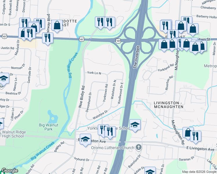 map of restaurants, bars, coffee shops, grocery stores, and more near 1351 Walshire Drive North in Columbus
