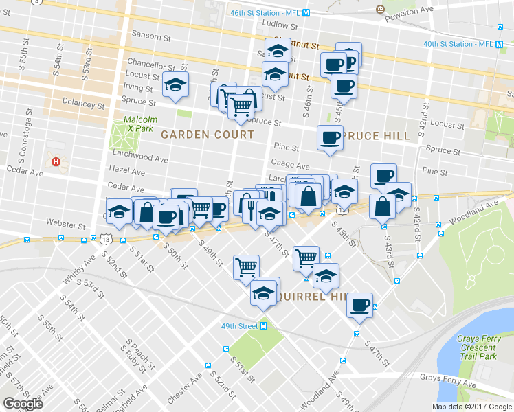 map of restaurants, bars, coffee shops, grocery stores, and more near 4710 Cedar Ave in Philadelphia