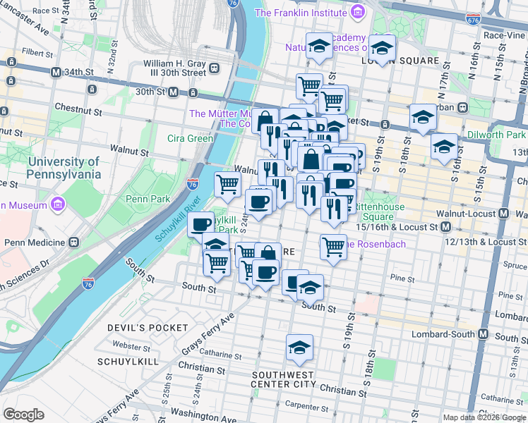 map of restaurants, bars, coffee shops, grocery stores, and more near Rittenhouse Square in Philadelphia