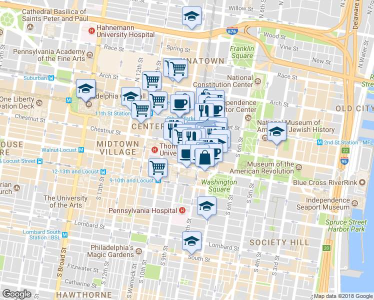 map of restaurants, bars, coffee shops, grocery stores, and more near 822 Chestnut Street in Philadelphia