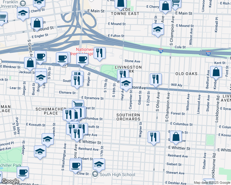 map of restaurants, bars, coffee shops, grocery stores, and more near 732 South 18th Street in Columbus