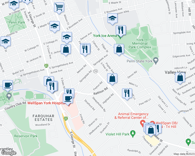map of restaurants, bars, coffee shops, grocery stores, and more near 184 Irving Road in York