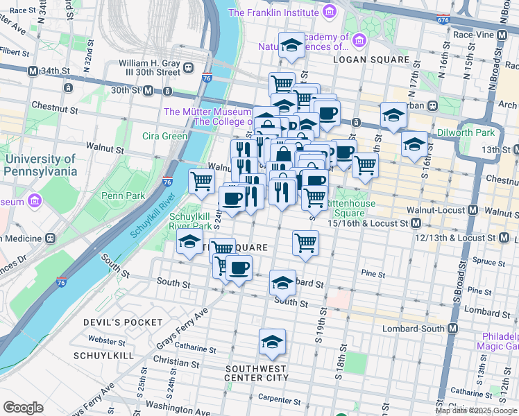 map of restaurants, bars, coffee shops, grocery stores, and more near 251 South 22nd Street in Philadelphia