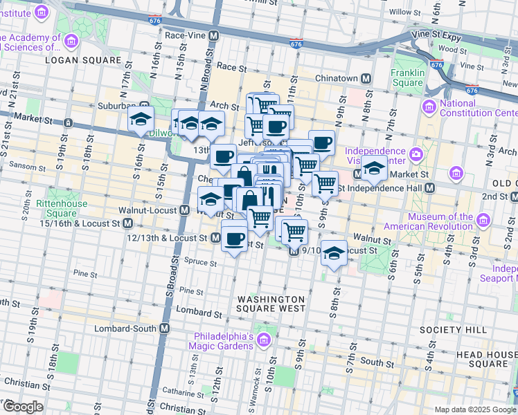 map of restaurants, bars, coffee shops, grocery stores, and more near 111 South 11th Street in Philadelphia