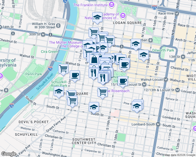 map of restaurants, bars, coffee shops, grocery stores, and more near 2042 Locust Street in Philadelphia