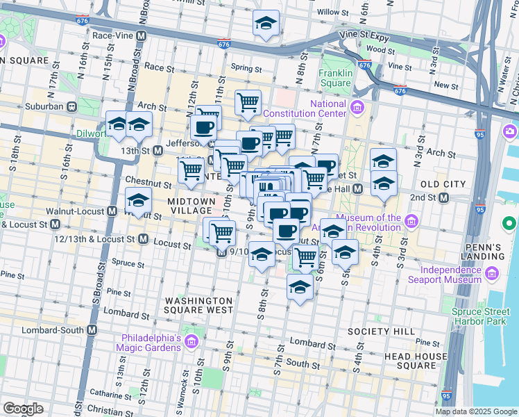 map of restaurants, bars, coffee shops, grocery stores, and more near 822-38 Chestnut Street in Philadelphia