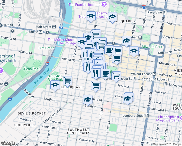 map of restaurants, bars, coffee shops, grocery stores, and more near 2040 Locust Street in Philadelphia