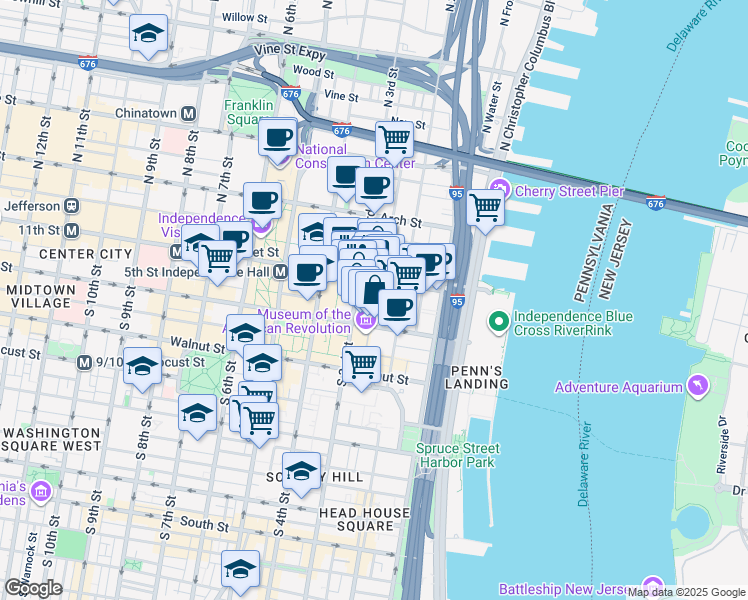 map of restaurants, bars, coffee shops, grocery stores, and more near 25 Bank Street in Philadelphia