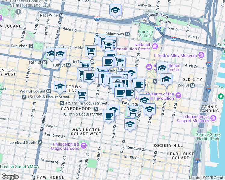 map of restaurants, bars, coffee shops, grocery stores, and more near 822-38 Chestnut Street in Philadelphia