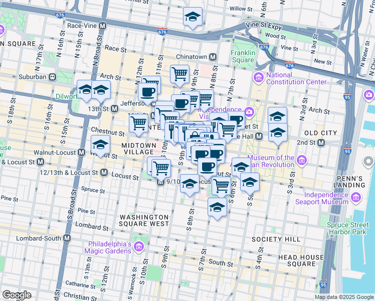 map of restaurants, bars, coffee shops, grocery stores, and more near 812 Chestnut Street in Philadelphia