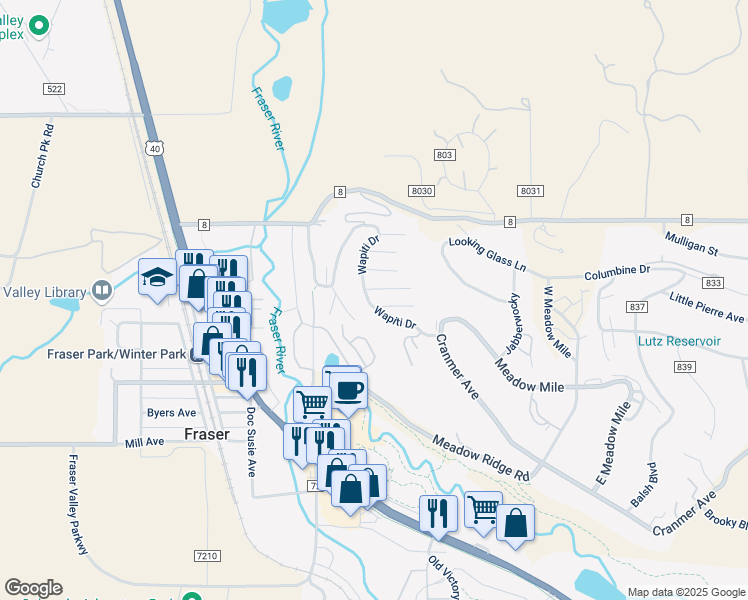 map of restaurants, bars, coffee shops, grocery stores, and more near 859 Wapiti Drive in Granby