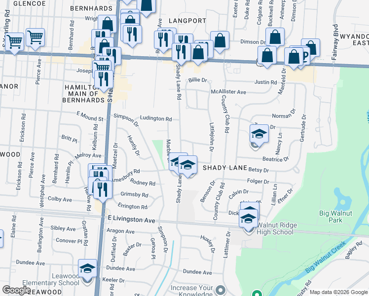 map of restaurants, bars, coffee shops, grocery stores, and more near 4723 Robinhood Park in Columbus