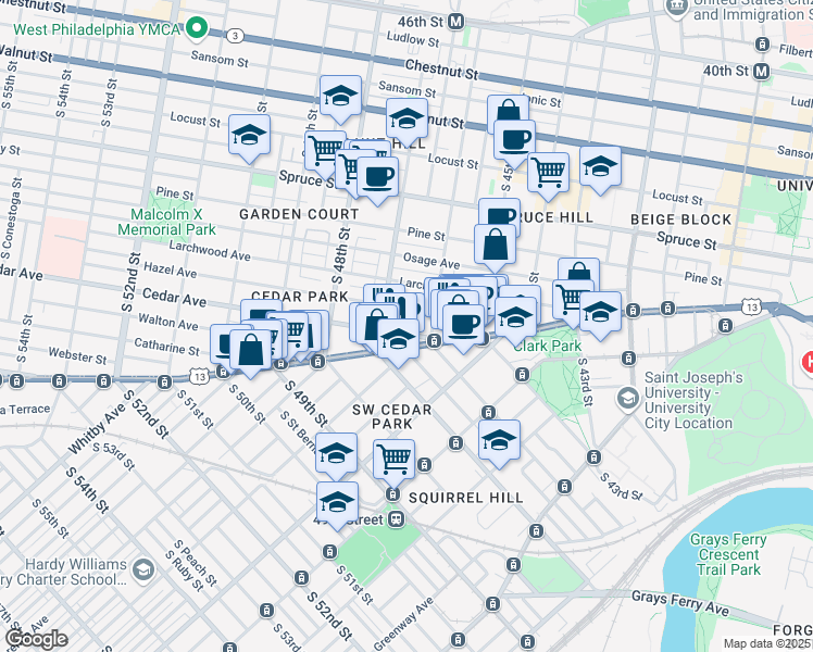 map of restaurants, bars, coffee shops, grocery stores, and more near 4619 Cedar Avenue in Philadelphia