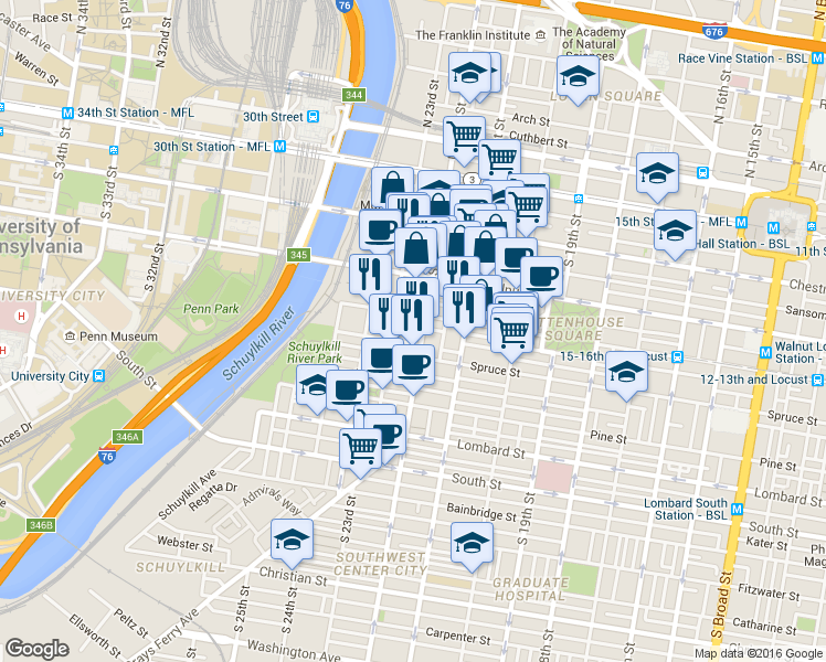 map of restaurants, bars, coffee shops, grocery stores, and more near 2207 Rittenhouse Square in Philadelphia