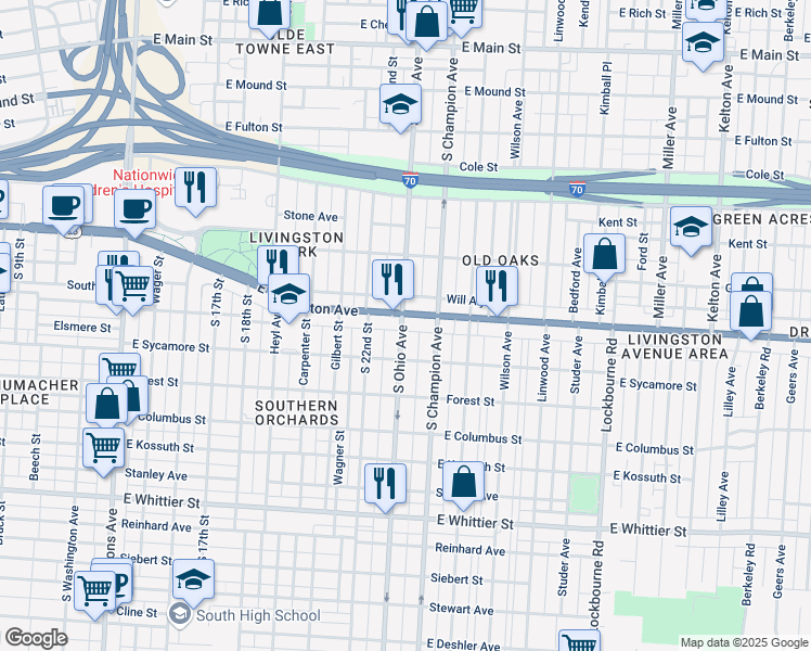 map of restaurants, bars, coffee shops, grocery stores, and more near 1003 East Livingston Avenue in Columbus
