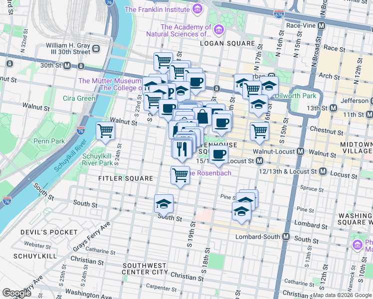 map of restaurants, bars, coffee shops, grocery stores, and more near South 20th Street & Locust Street in Philadelphia