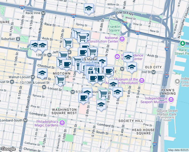 map of restaurants, bars, coffee shops, grocery stores, and more near 812 Chestnut Street in Philadelphia