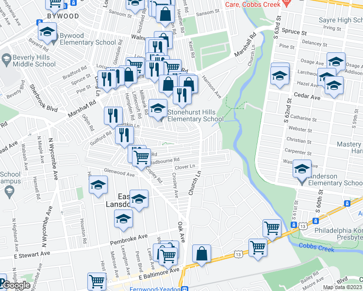 map of restaurants, bars, coffee shops, grocery stores, and more near 6958 Guilford Road in Delaware County