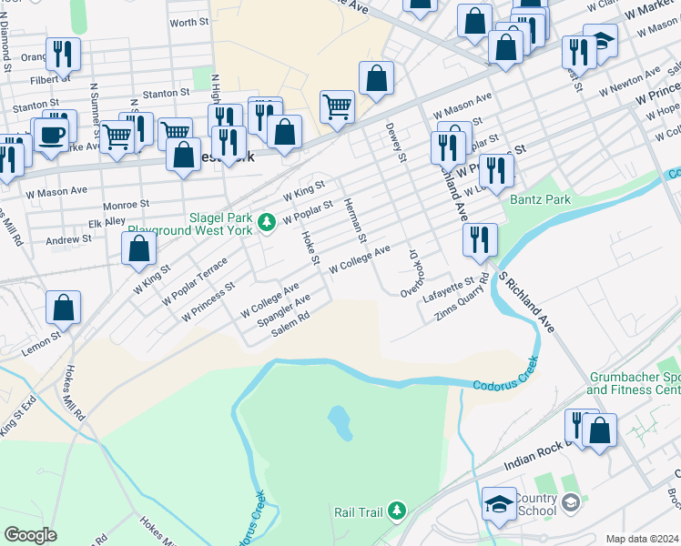 map of restaurants, bars, coffee shops, grocery stores, and more near 1286 West College Avenue in York