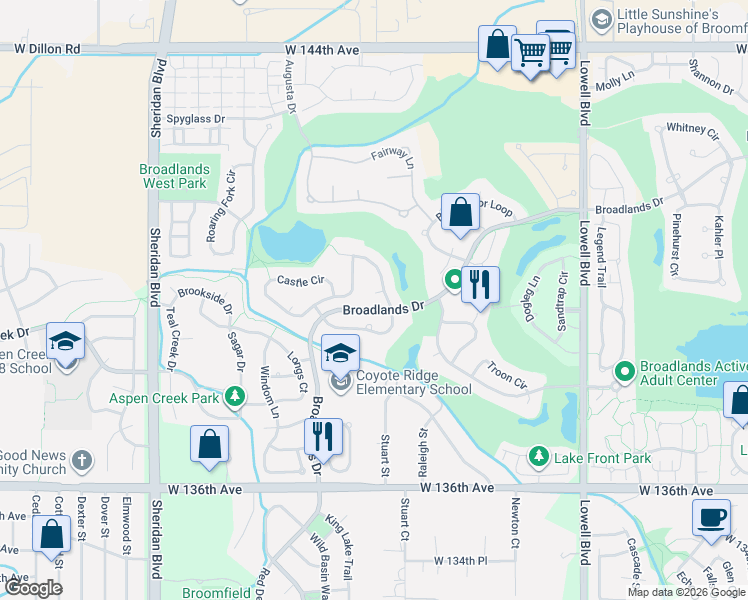 map of restaurants, bars, coffee shops, grocery stores, and more near 13955 Crestone Circle in Broomfield