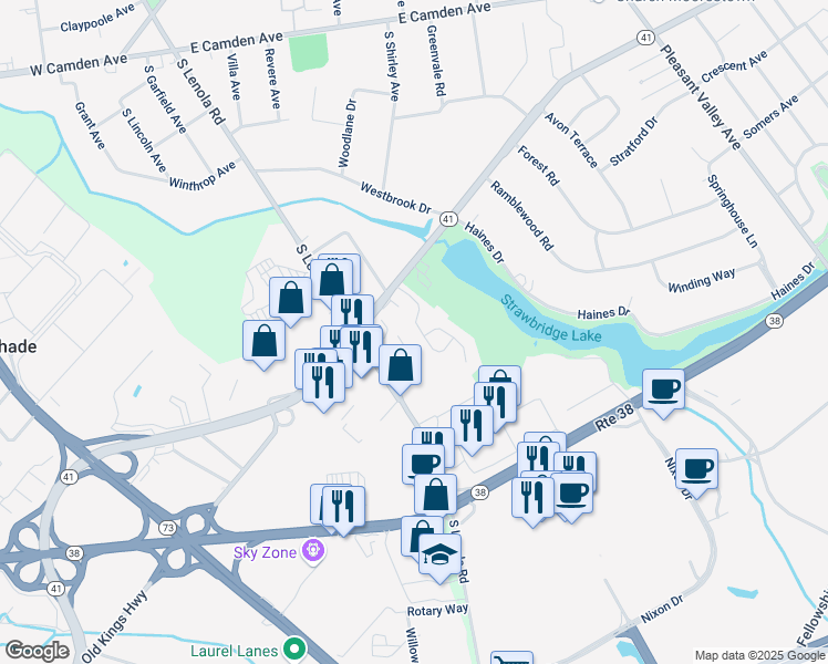 map of restaurants, bars, coffee shops, grocery stores, and more near 42 Foxwood Drive in Moorestown