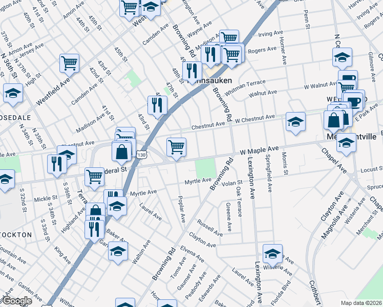 map of restaurants, bars, coffee shops, grocery stores, and more near 513 West Maple Avenue in Merchantville