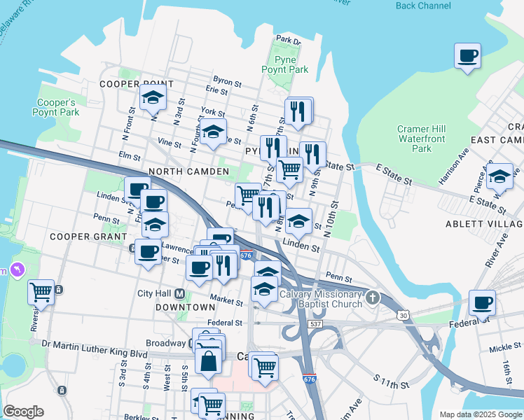 map of restaurants, bars, coffee shops, grocery stores, and more near 700 North 7th Street in Camden
