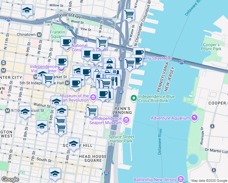 map of restaurants, bars, coffee shops, grocery stores, and more near 4 South Front Street in Philadelphia